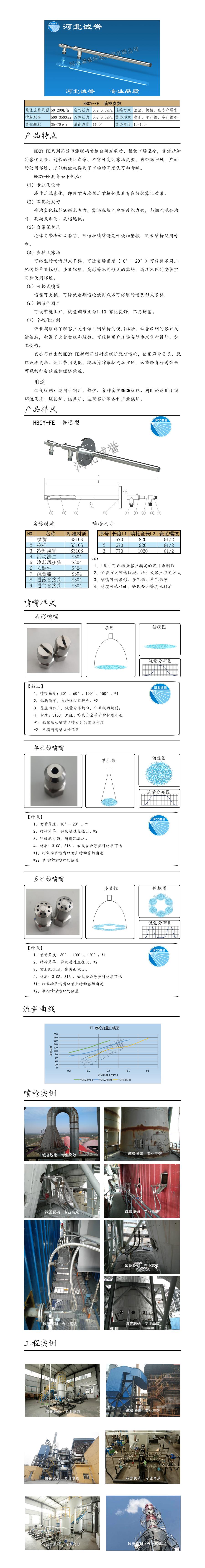 氨水噴槍、保護(hù)套、噴槍參數(shù)、材質(zhì)尺寸、流量分布圖、扇形空心錐俯視圖介紹，以及噴槍霧化視頻展示和工程案例介紹